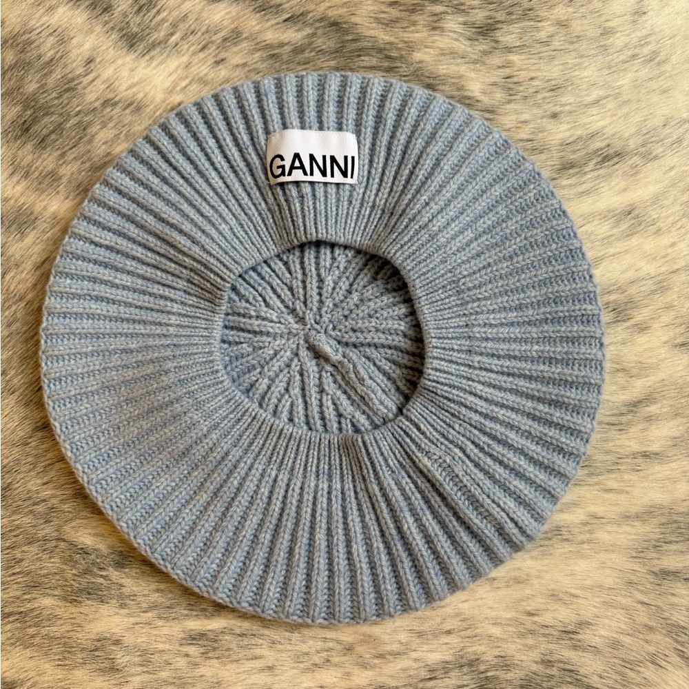 GANNI
Blue Wool Rib Knit Beret In Silver Lake Blue